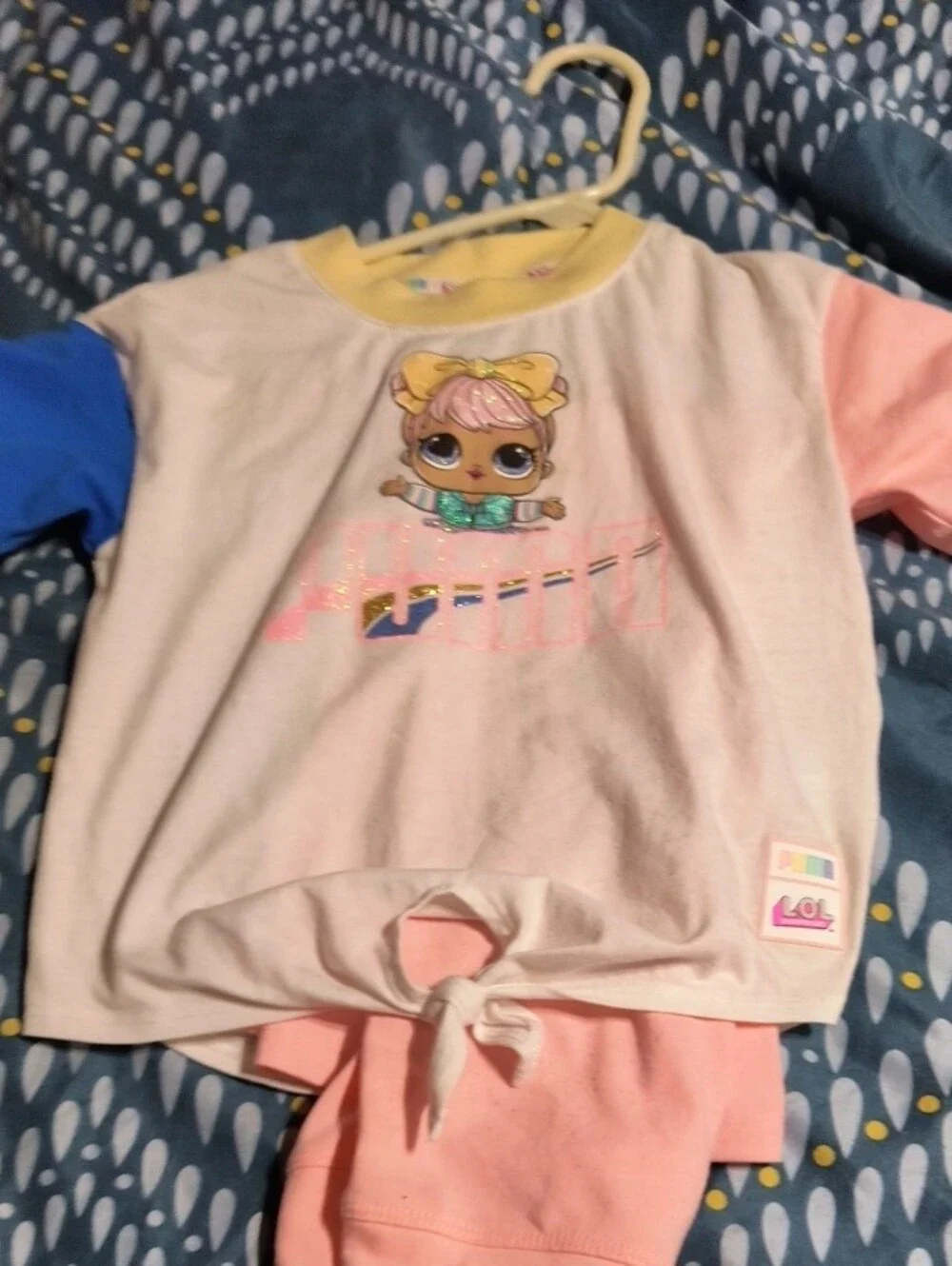 Puma Girls Pink and White Character Pajama Set with Blue Sleeve Accent